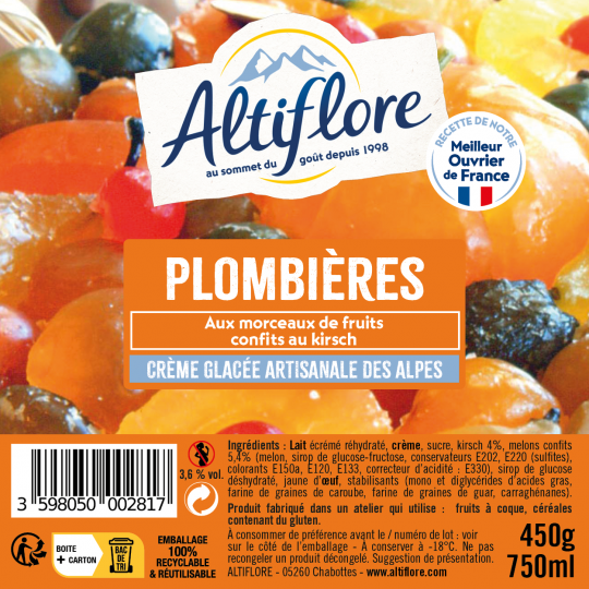 Crème glacée Plombières aux morceaux de fruits confits au kirsch